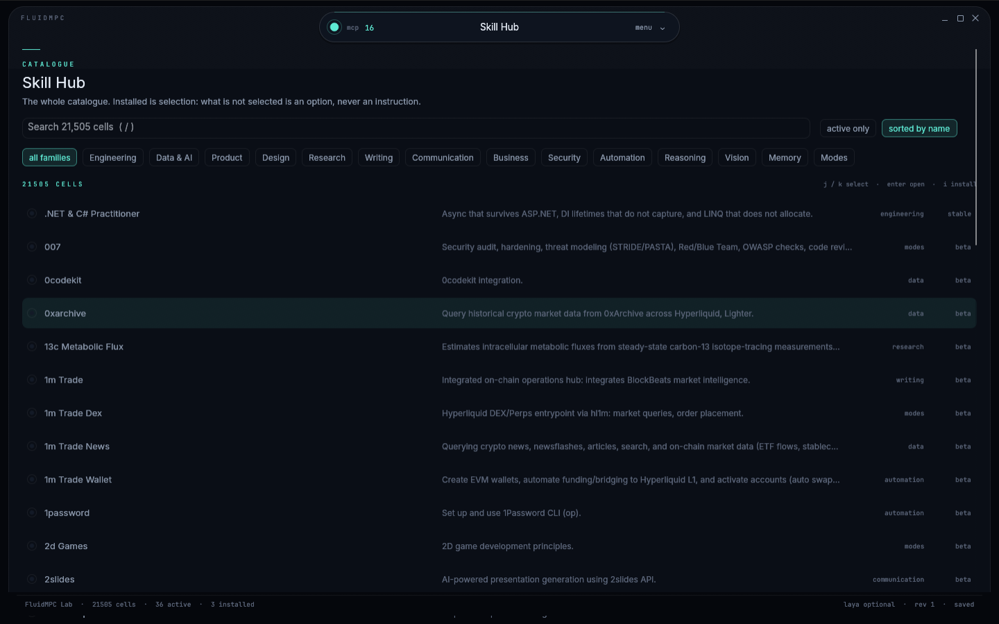 FluidMPC skill hub: the catalogue as a sortable table with family rail